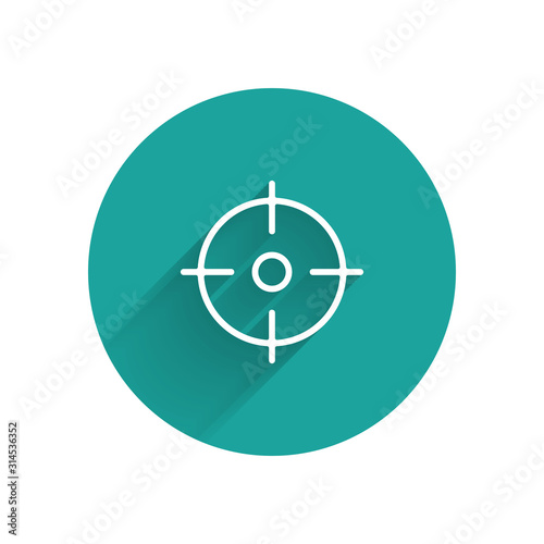 White Target sport icon isolated with long shadow. Clean target with numbers for shooting range or shooting. Green circle button. Vector Illustration