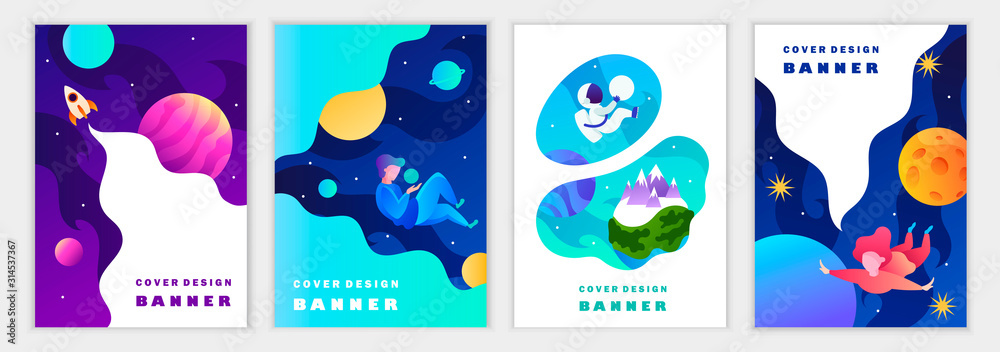 Set of colorful modern space templates for banners, posters, flyers, covers, cards. Astronaut, planets, galaxy, people. Vector cartoon illustration.