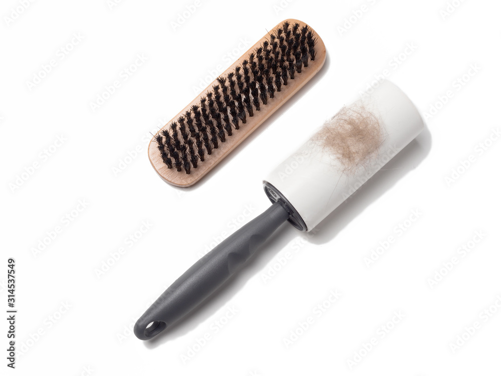 Brush and cleaning roller with tape for cleaning clothes or fabric with  collect animal fur. Clothes cleaning tools. Isolated white background Stock  Photo | Adobe Stock
