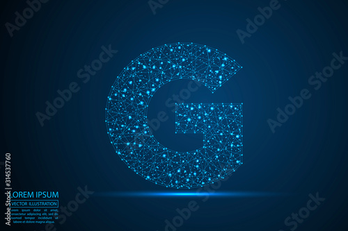English letters abstract font consists 3d of triangles, lines, dots and connections. On a dark blue background cosmic universe stars, meteorites, galaxies. Vector illustration EPS 10.