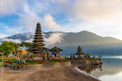 Pura Ulun Danu Bratan at sunrise, famous temple on the lake, Bedugul, Bali, Indonesia.