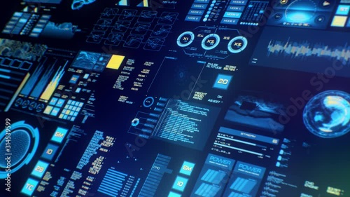 Perspective view of lowpower Futuristic interface/Digital screen.Detailed abstract background with blinking and switching indicators and statuses showing work of command center, processing big data, m