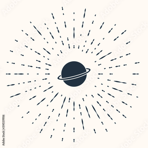 Grey Planet Saturn with planetary ring system icon isolated on beige background. Abstract circle random dots. Vector Illustration
