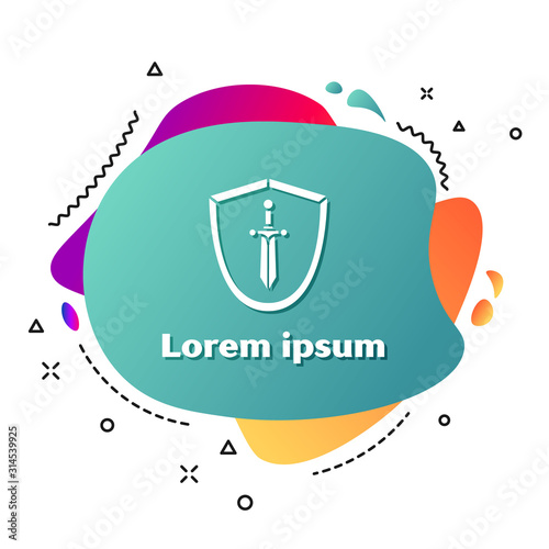 White Medieval shield with sword icon isolated on white background. Abstract banner with liquid shapes. Vector Illustration