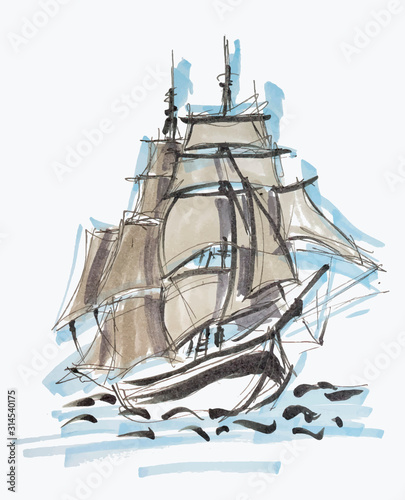 Sailboat hand drawn marker sketch isolated on white background eps10 vector illustration.