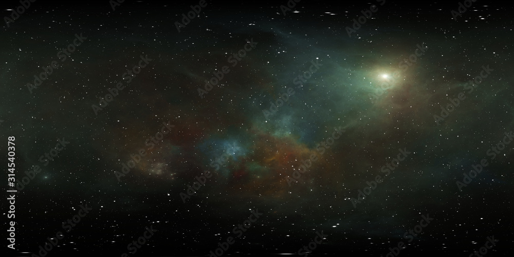 360 degree space background with nebula and stars, equirectangular projection, environment map. HDRI spherical panorama.