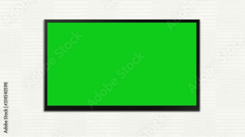 A green mock-up of a TV screen or interactive digital whiteboard in horizontal mode hangs on a light wall.