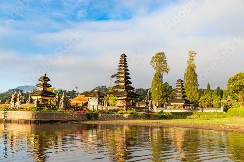 Pura Ulun Danu Bratan  Hindu temple on Bratan lake morning landscape  one of famous tourist attraction in Bali  Indonesia