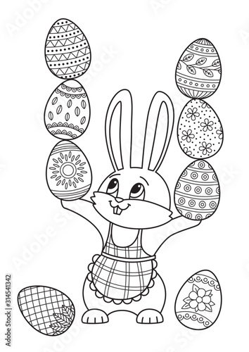 Easter doodle coloring book page. Cute bunny with easter eggs