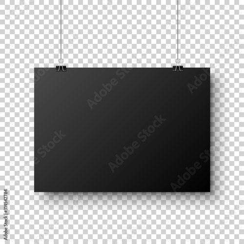 Realistic black hanging blank paper sheet with shadow in A4 format and paper clip, binder on transparent checkered background. Design poster, template or mockup. Vector illustration.