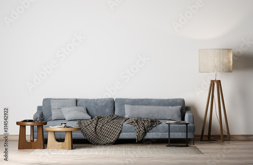 Mock up modern interior with empty white background wall, Blue sofa, 3D render 