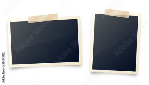 Realistic blank photo card frame, film set. Retro vintage photograph with adhesive tape. Digital snapshot image. Template or mockup for design. Vector illustration.
