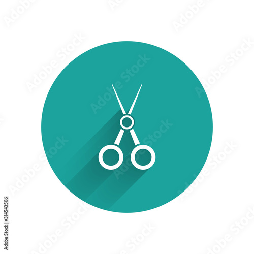 White Scissors hairdresser icon isolated with long shadow. Hairdresser, fashion salon and barber sign. Barbershop symbol. Green circle button. Vector Illustration