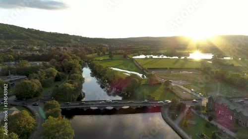 Aerial drone River Wharfe at sunset, Otley, Yorkshire photo