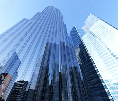 Skyscrapers view from below. Modern high-rise buildings. Modern city .. 3D rendering