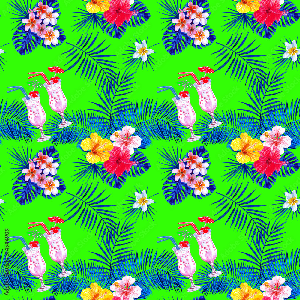 Naklejka premium Palm leaves, tropic flowers, pina colada pattern.