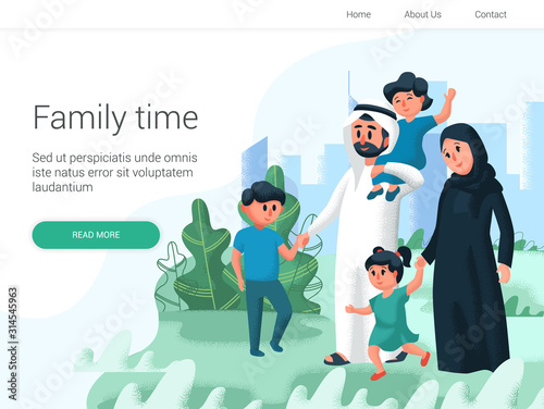 Arabic family walking with children in the park. Cartoon Vector illustration. Family day, celebration. Family time weekend 