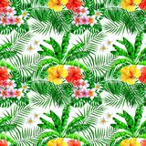 Palmleaves, tropical flowers watercolor seamless pattern. 