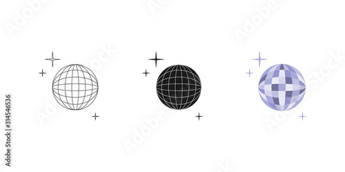 Disco ball. Set. Three options. Icon. Editable. Vector