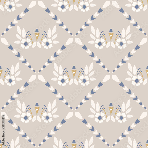 French shabby chic azulejos tile vector texture background. Dainty flower yellow blue on off white seamless pattern. Hand drawn floral mosaic interior home decor swatch. Classic style allover print