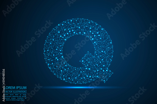English letters abstract font consists 3d of triangles, lines, dots and connections. On a dark blue background cosmic universe stars, meteorites, galaxies. Vector illustration EPS 10.