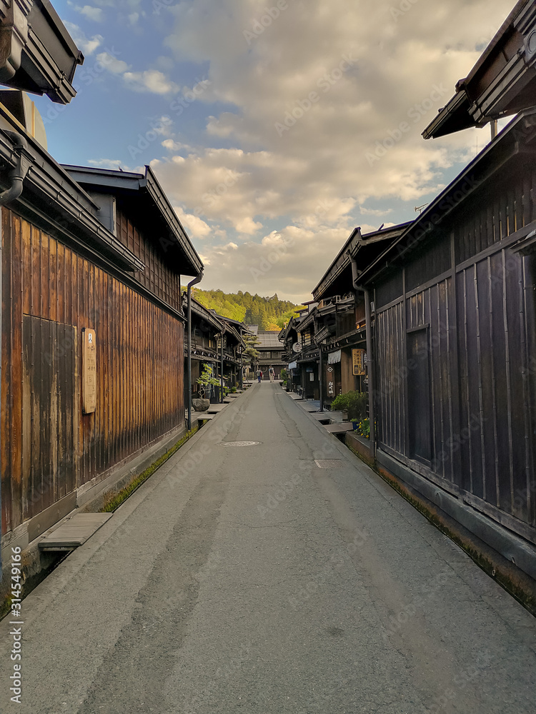 City center of the old traditional Japanese mountain town Takayama in Gifu prefecture with authentic wooden buildings