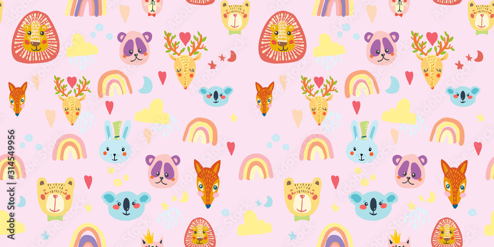 Seamless pattern with animal, rainbow, clouds and stars in pastel colors