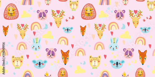 Seamless pattern with animal, rainbow, clouds and stars in pastel colors