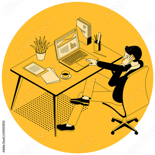 Flat design isometric vector concept of young man at workplace speaking a phone in modern office. Vector illustration of manager working process.