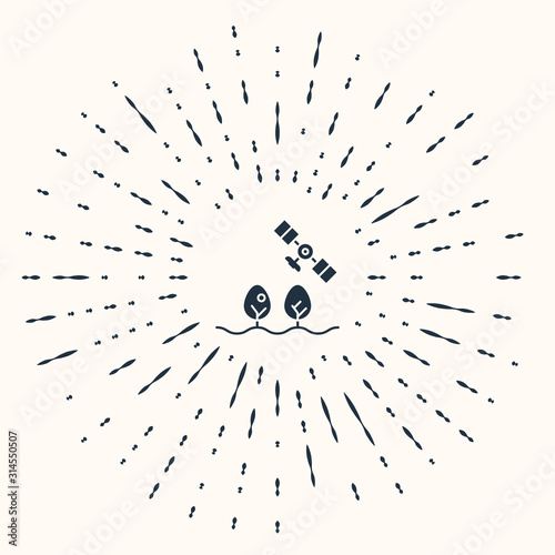 Grey Smart farm with drone control and tree icon isolated on beige background. Innovation technology for agricultural company. Abstract circle random dots. Vector Illustration