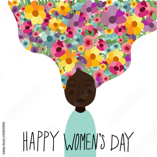 International Women's Day card with hand drawn cartoon characters of women with flowers for poster, flyer etc in modern flat minimalism style, vector illustration