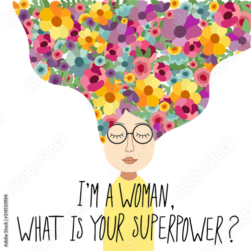 International Women's Day card with hand drawn cartoon characters of women with flowers for poster, flyer etc in modern flat minimalism style, vector illustration