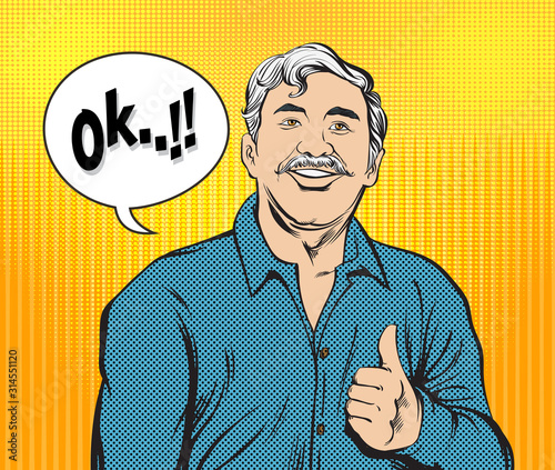 The old man showed a happy posture and accepted that it was correct..Pop art retro vector illustration vintage kitsch drawing,Comic Book Work Style