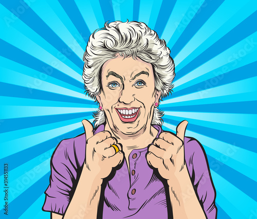 Happy old woman And satisfied, thumbs up. Pop art vector illustration drawing. Comic book work style.