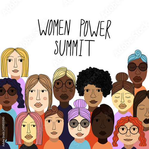 International Women's Day card with hand drawn cartoon characters of women for poster, flyer etc in modern flat minimalism style, vector illustration