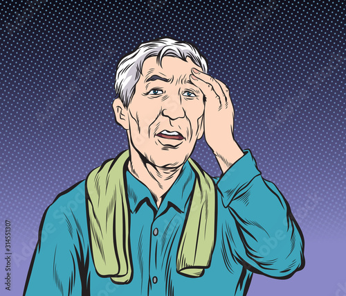 The old man who lost his memory didn't remember anything.Pop art vector illustration drawing. Comic book work style.