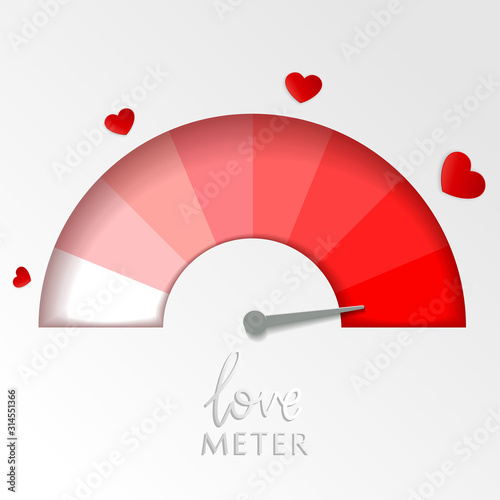 Valentine card with love gauge concept design on white background suitable for cards, postcards, promotion. Layered love meter in the form of a speedometer. Vector layered illustration