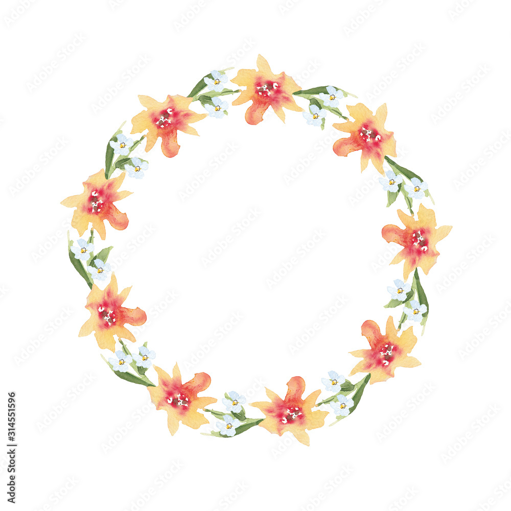 Wreath of watercolor summer orange flowers on a white background. Use for wedding invitations, birthdays, menus and decorations