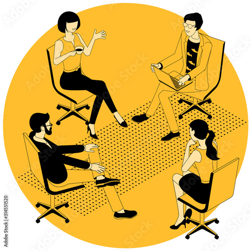 Flat design isometric vector concept for group therapy session. sitting in a circle. People participating in group therapy for social skills training.