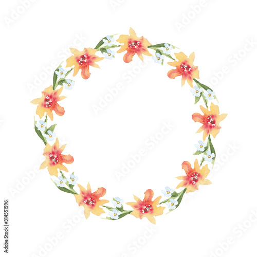 Wreath of watercolor summer orange flowers on a white background. Use for wedding invitations, birthdays, menus and decorations