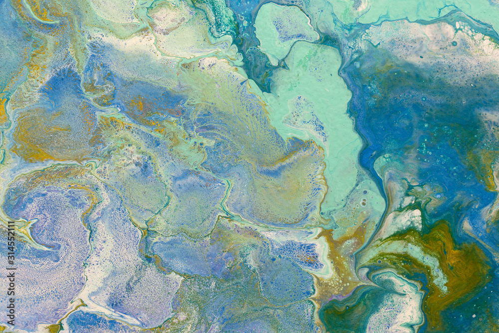 Blue green red blur marbling  texture. Creative background with abstract oil painted waves handmade surface. Liquid paint.