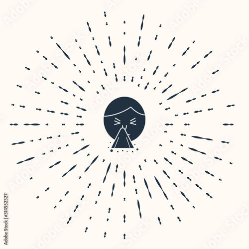Grey Man holding handkerchief or napkin to his runny nose icon isolated on beige background. Coryza desease symptoms. Abstract circle random dots. Vector Illustration