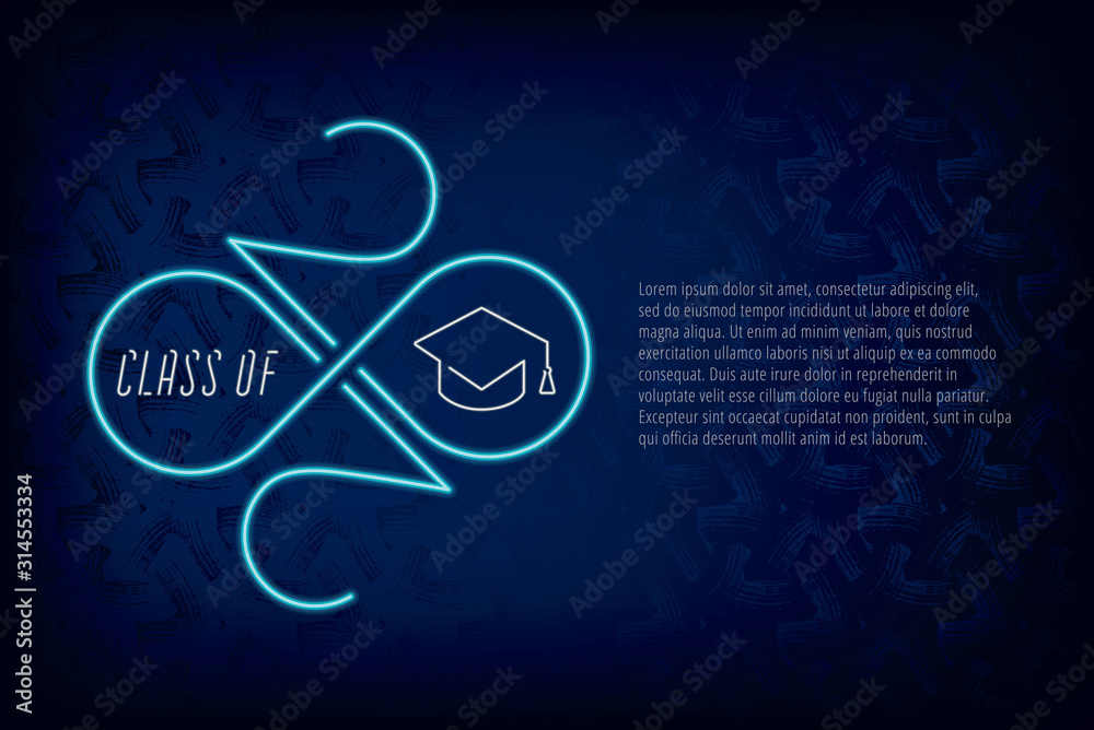 Class of 2020 Numerals Neon Sign Style Logo with Zeroes Making Mobius Loop Square Academic Graduation Cap Sign and Lettering - Turquoise on Dark Background - Gradient Graphic Design