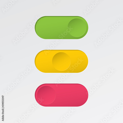 On and Off Blank Toggle Switch Round Debossed Buttons Set Modern Devices User Interface Mockup or Template - Green Red and Yellow on White Background - Gradient Graphic Design