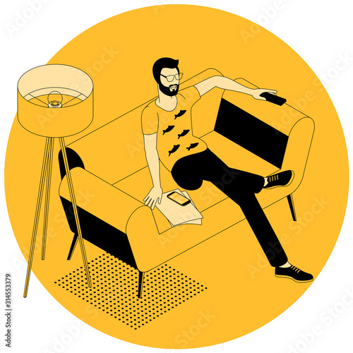 Flat design isometric concept of young man on sofa watching smart tv. Vector illustration poster and banner template for online tv, series, muvie and sinema subscription and mobile app.