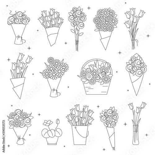 flowers and bouquet thin line icon set