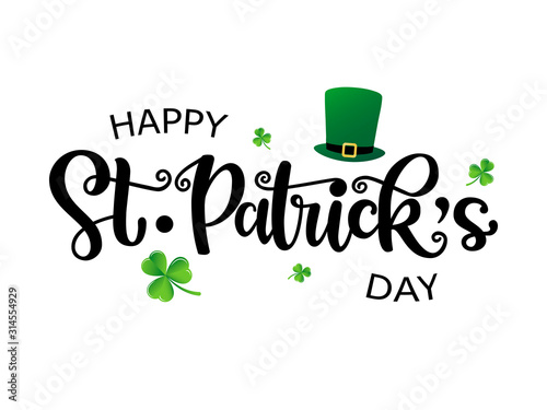 Hand drawn St. Patrick’s Day logotype. Vector lettering typography with leprechaun’s hat and clovers on white background. Festive design for print, poster, flyer, party invitation, icon, badge, sign