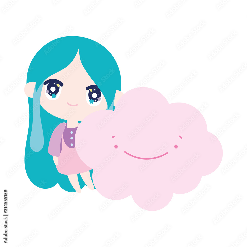 kids, cute little girl anime with cloud cartoon kids, cute little girl anime with cloud cartoon