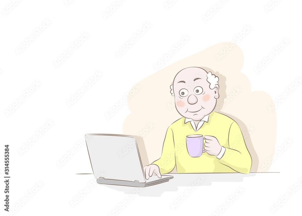 Vector illustration old man sitting at table with laptop. Modern gadget .Hand drawn sketch cartoon. Vector illustration old man sitting at table with laptop. Modern gadget .Hand drawn sketch cartoon.