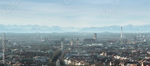 Munich with the Alps Panorama - Munhen Panorama - Marienplatz, Frauenkirche, Rathausturm, Rathaus photo